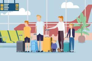 Familia con niños esperando su vuelo en el aeropuerto con el permiso de viaje para menores de edad